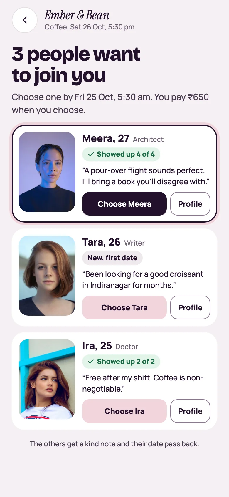 Arjun’s view: 3 people want to join you. Meera, 27, architect, showed up 4 of 4, with her note and a Choose Meera button.